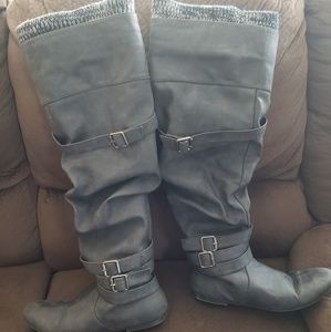 Grey knee high boots